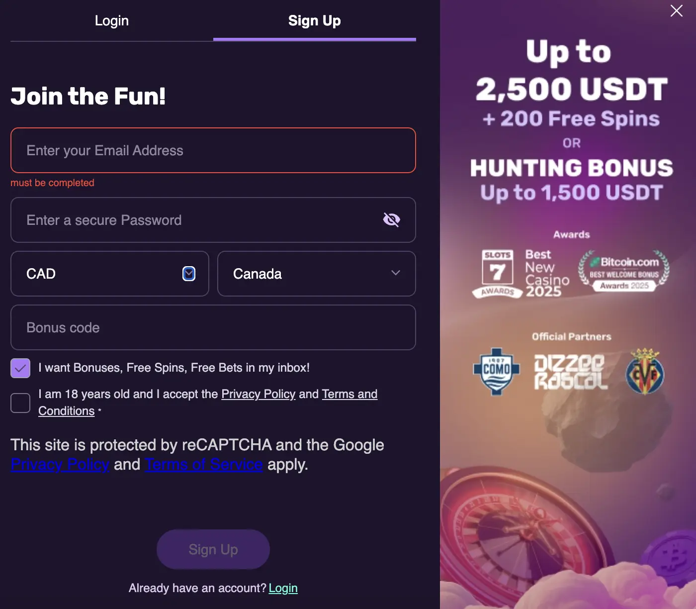Online form for registration